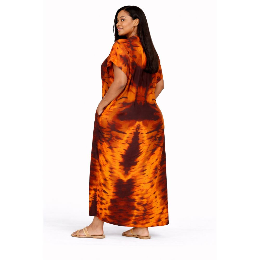 Womens Orange Tie Dye Loose Maxi Dress
